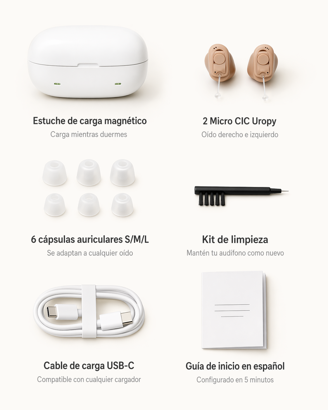 Contenido completo de la caja Paisblog: par de audífonos Micro CIC, estuche de carga, 4 tallas de cápsulas S/M/L/XL, 2 cables USB-C y manual en español