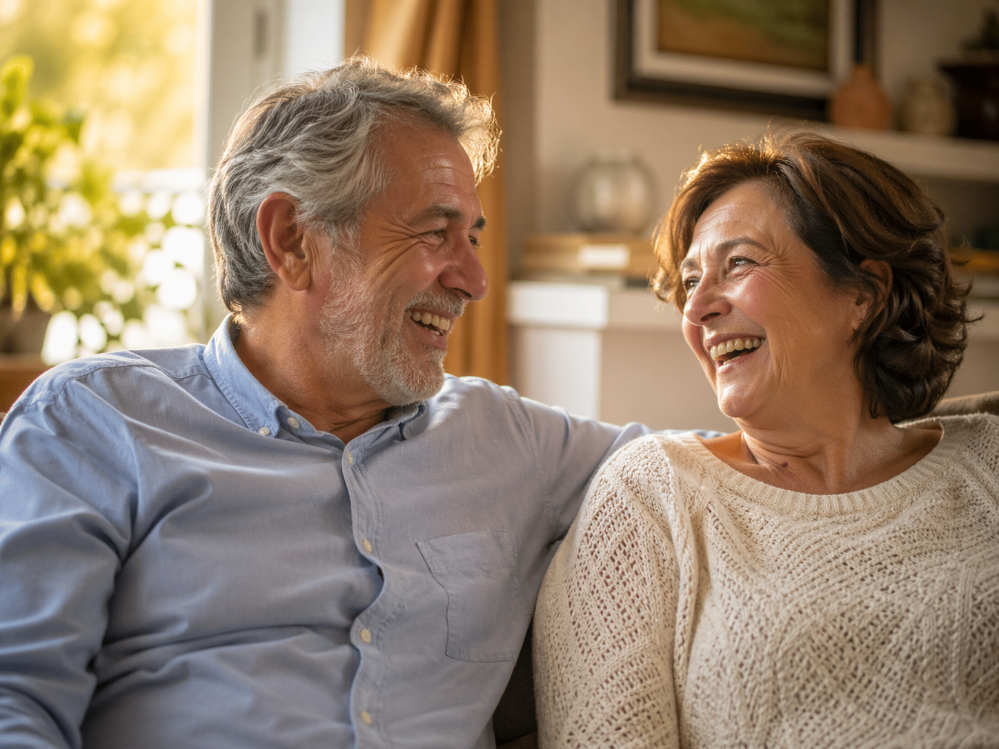 Pareja mayor conversando en casa con naturalidad tras recuperar la audición